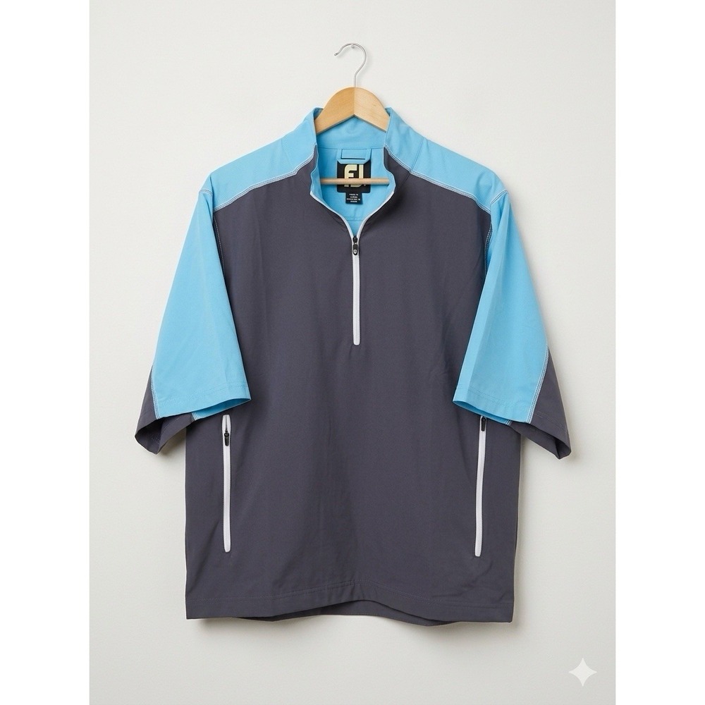 FootJoy Jacket Mens Medium Gray Blue Short Sleeve 1/4 Zip Golf Windbreaker Logo